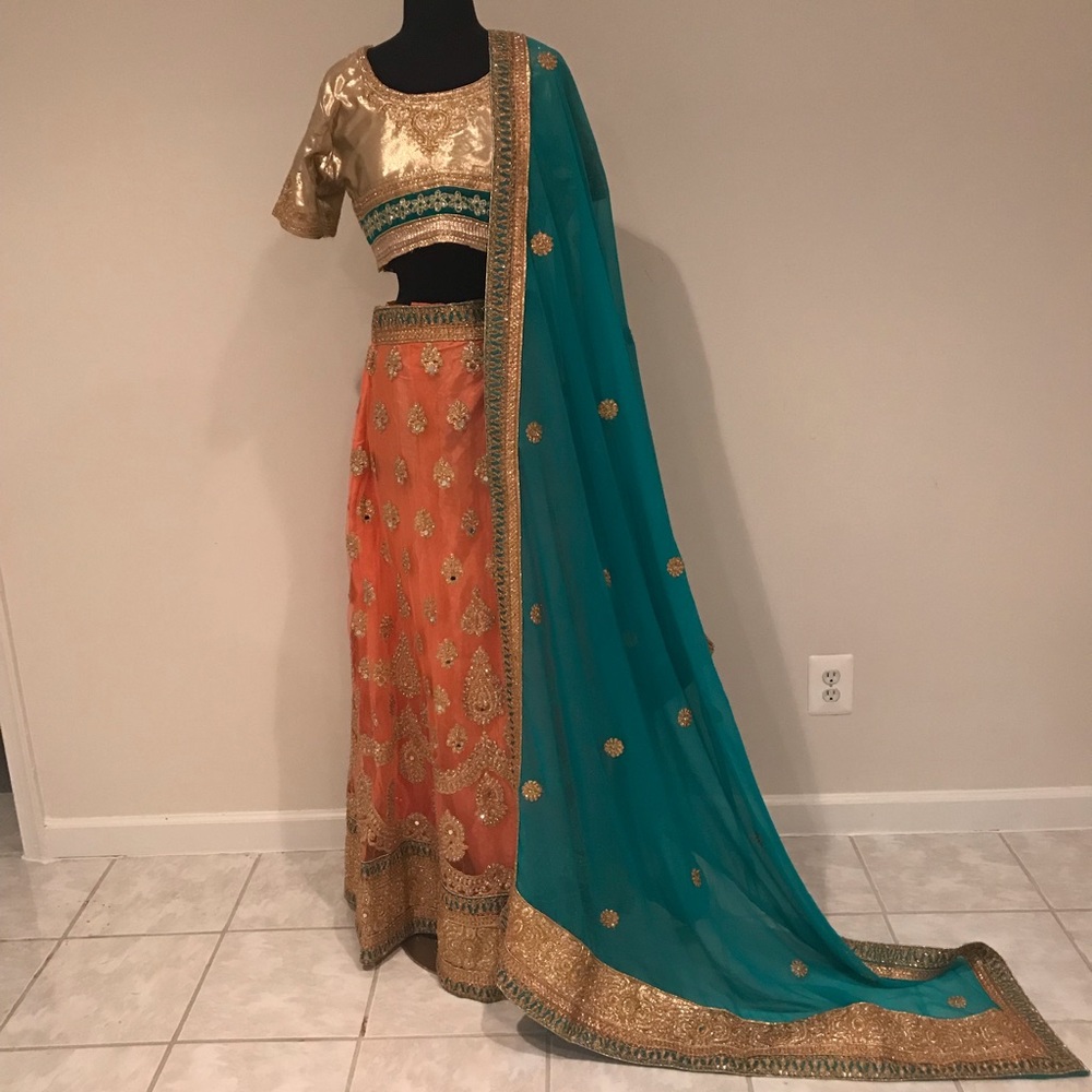 Indian Lengha Dress Peach, Gold and Sea blue/green